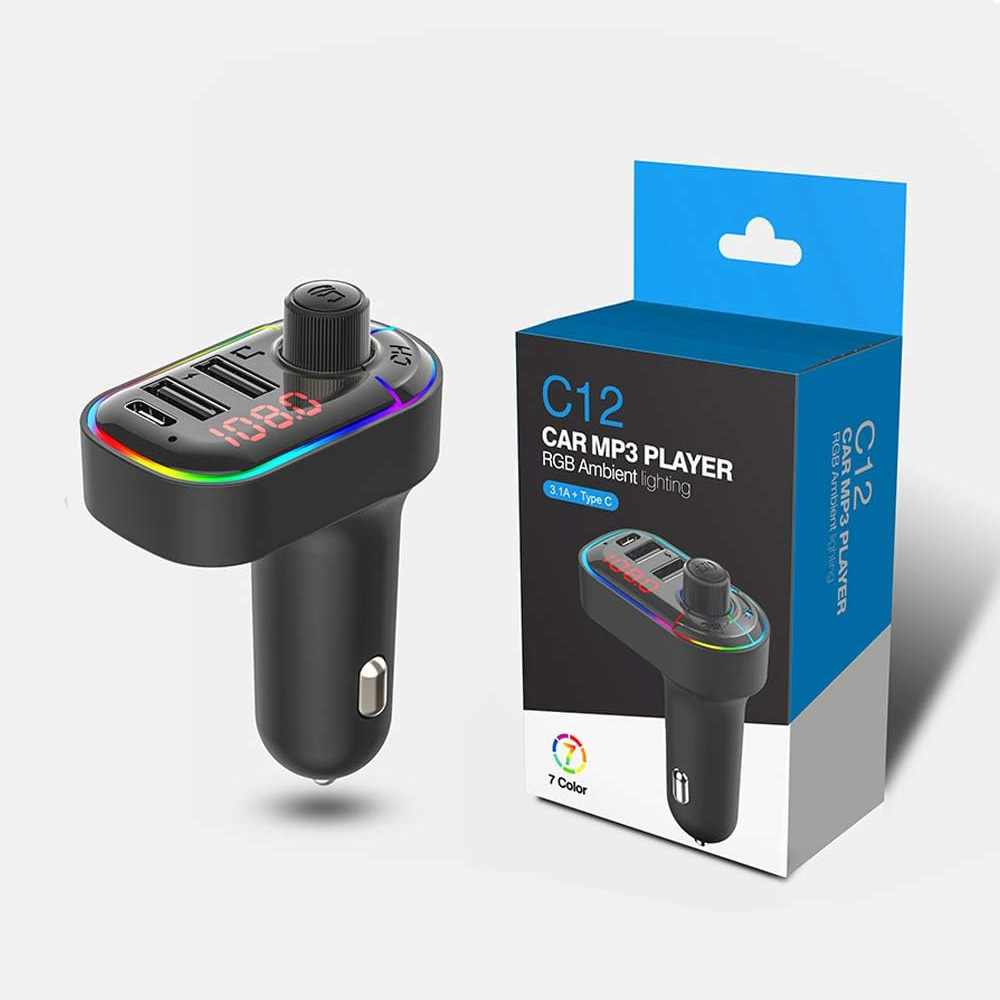 FM transmiter C12 USB PD Bluetooth 5.0 12-24V handsfree crni