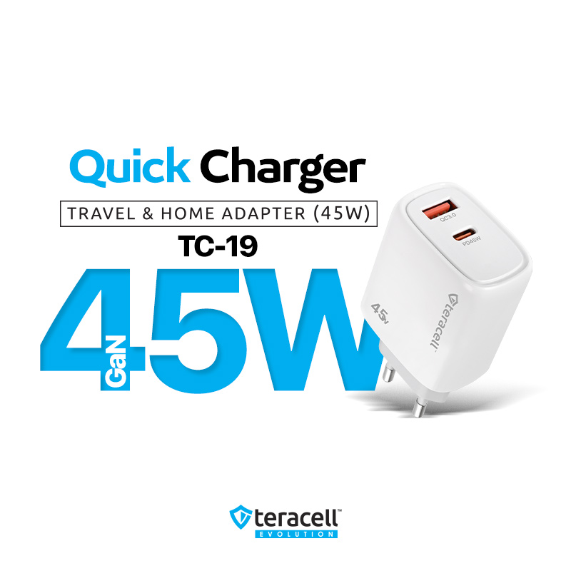 Kucni punjac Teracell Evolution TC-19, GAN, QC, PD Fast charging 45W sa PD iPhone lightning kablom beli CE