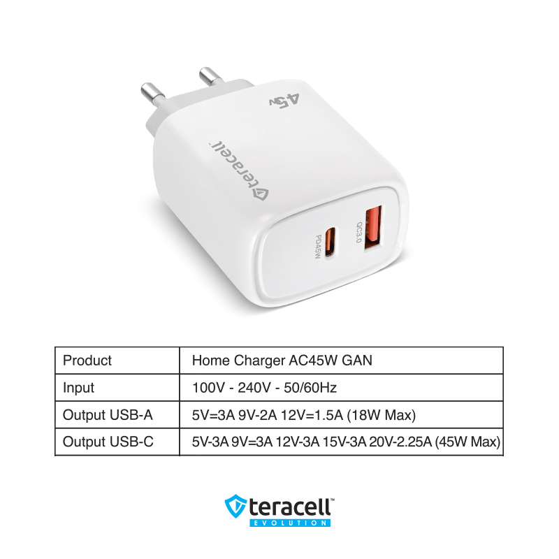 Kucni punjac Teracell Evolution TC-19, GAN, QC, PD Fast charging 45W sa PD iPhone lightning kablom beli CE