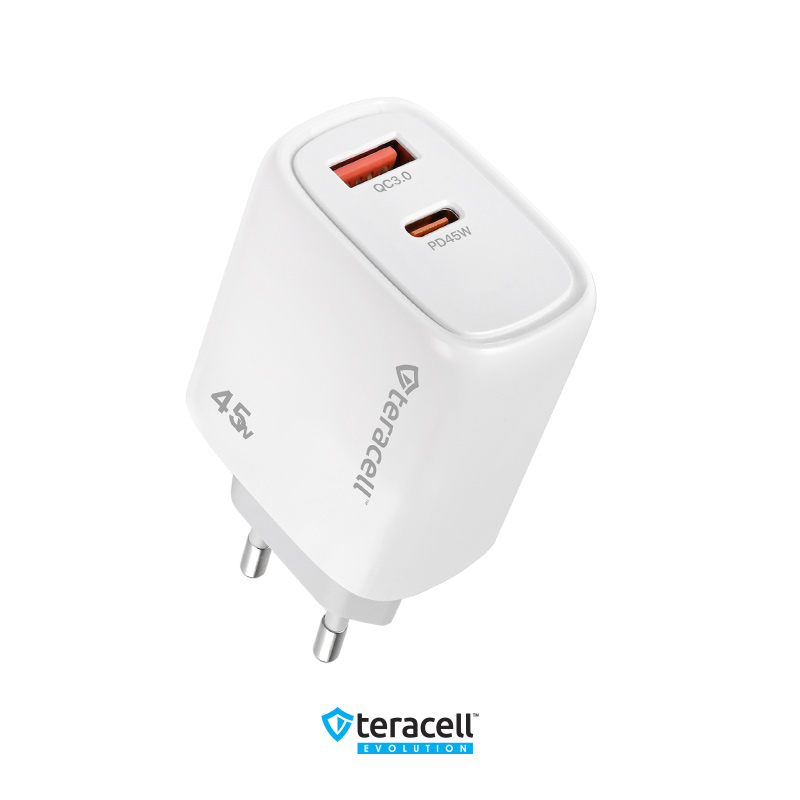 Kucni punjac Teracell Evolution TC-19, GAN, QC, PD Fast charging 45W sa PD iPhone lightning kablom beli CE