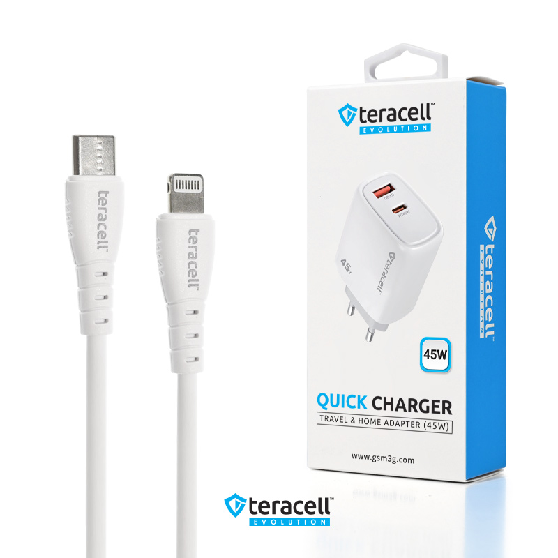 Kucni punjac Teracell Evolution TC-19, GAN, QC, PD Fast charging 45W sa PD iPhone lightning kablom beli CE