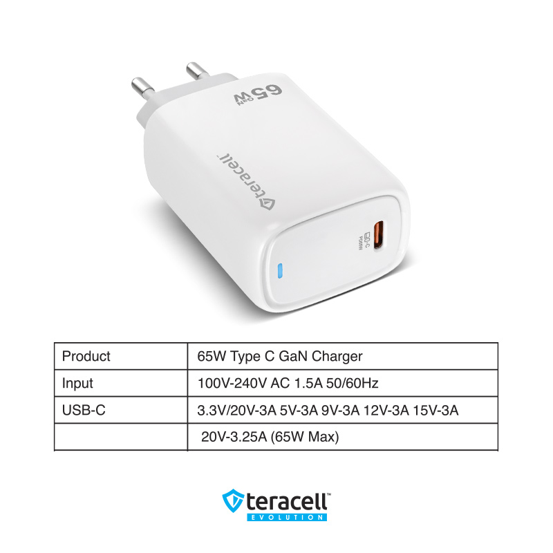 Kucni punjac Teracell Evolution TC-20, GAN, PD Fast charging 65W beli CE