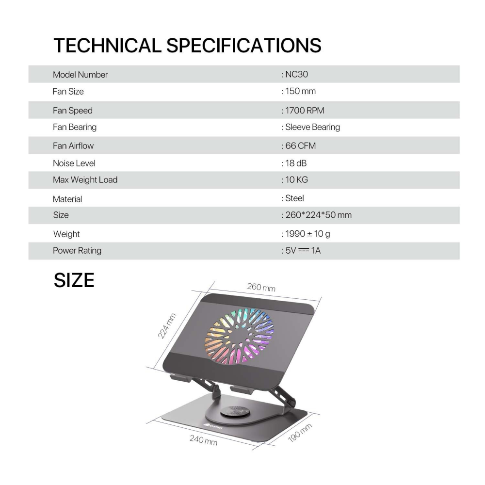 Laptop Cooler Fantech NC30 RGB sivi
