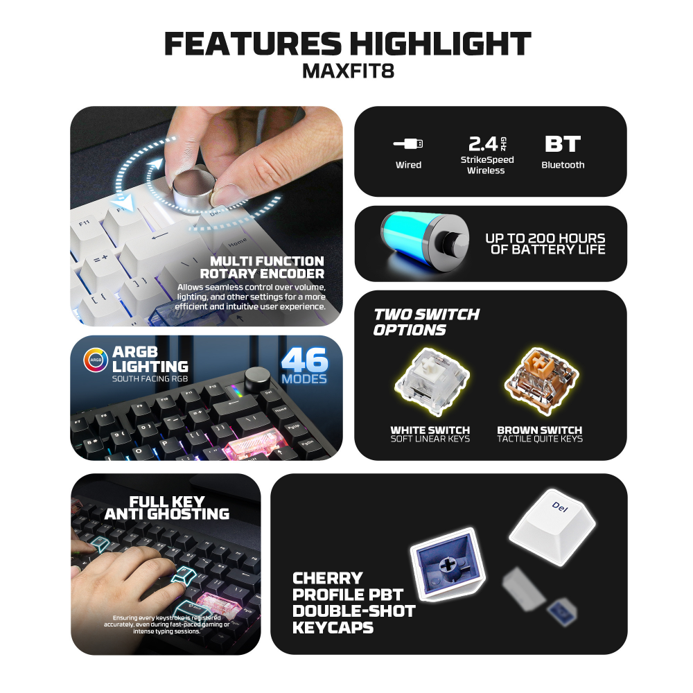 Tastatura Mehanicka Gaming Fantech MK921 Maxfit 8 Wireless white white switch