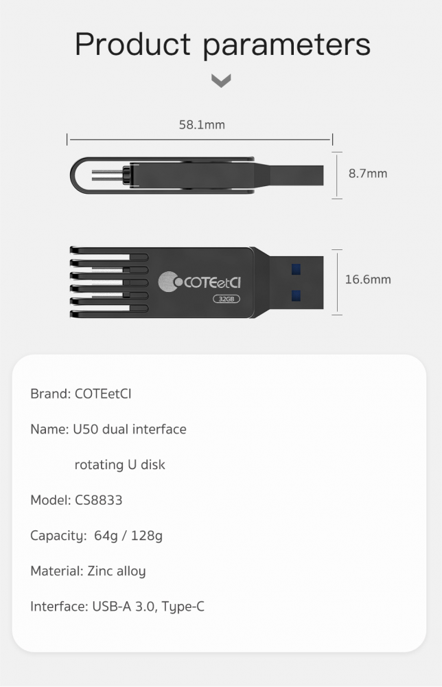 USB flash memorija Coteci CS8833 128GB USB 3.0/Type C