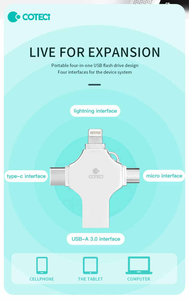 USB flash memorija Coteci CS8836 128GB USB 3.0/micro USB/Type C/lightning