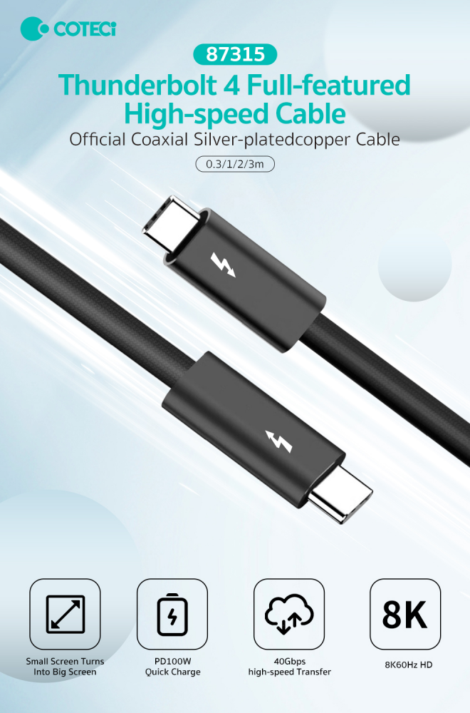 Data kabl Coteci Thunderbolt 87315 40Gbps 100W 8k PD Type C na Type C crni 1m