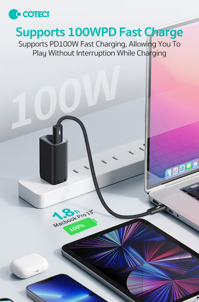 Data kabl Coteci Thunderbolt 87315 40Gbps 100W 8k PD Type C na Type C crni 1m