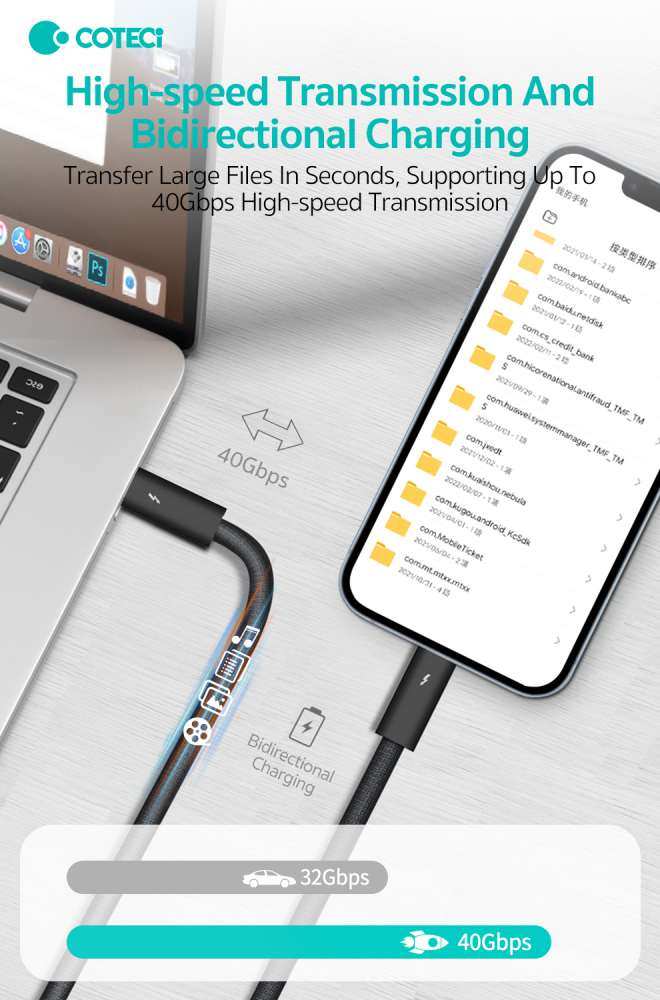 Data kabl Coteci Thunderbolt 87315 40Gbps 100W 8k PD Type C na Type C crni 1m