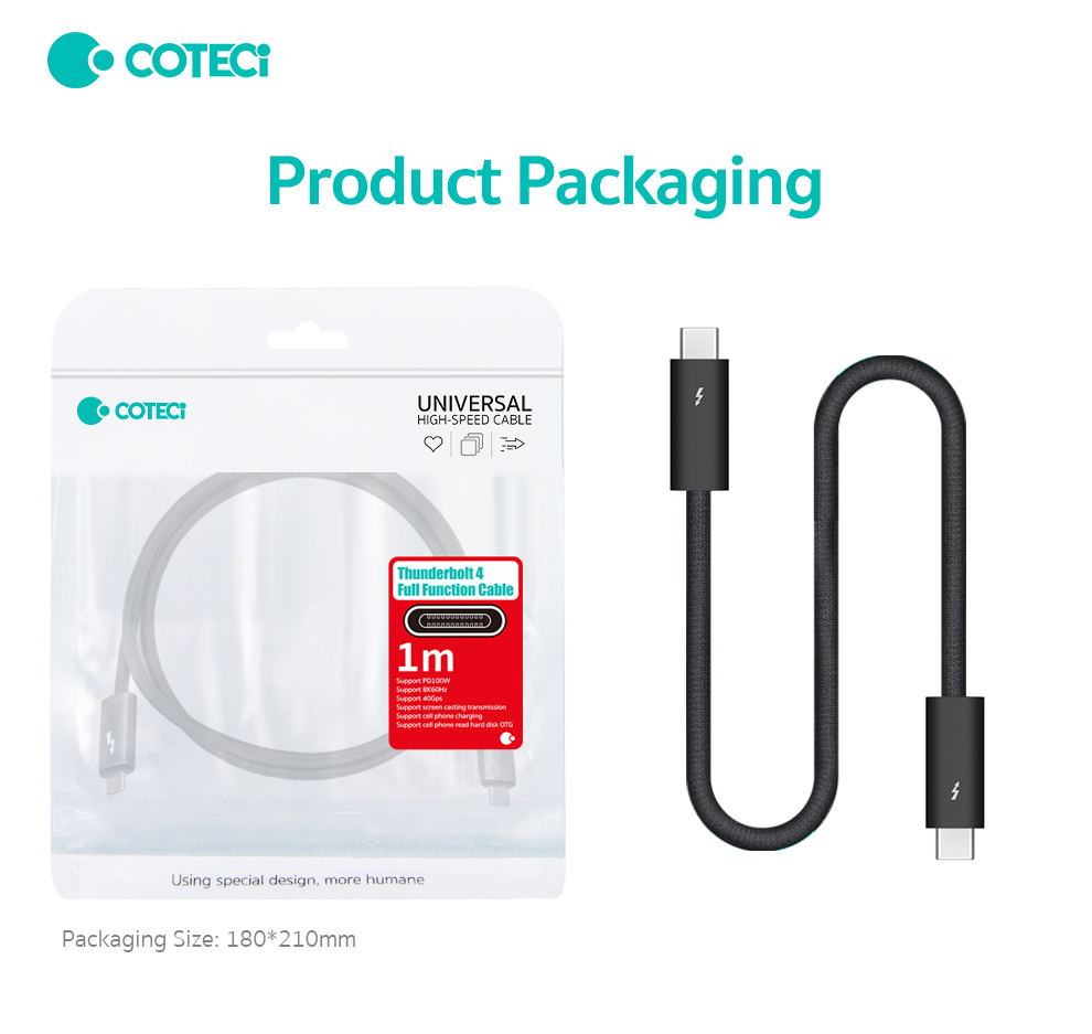 Data kabl Coteci Thunderbolt 87315 40Gbps 100W 8k PD Type C na Type C crni 1m
