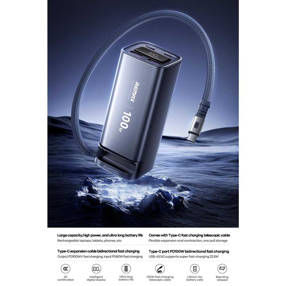 Power bank prenosiva baterija REMAX FC-22 100W sa teleskopskim kablom 20000mAh siva