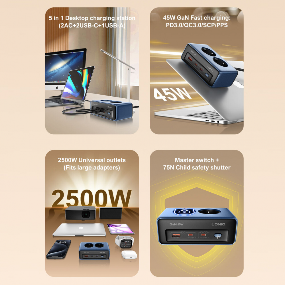 Produzni kabl LDNIO SE3, 2 uticnice, USB, 2xPD, 5u1, GAN, 45W total power