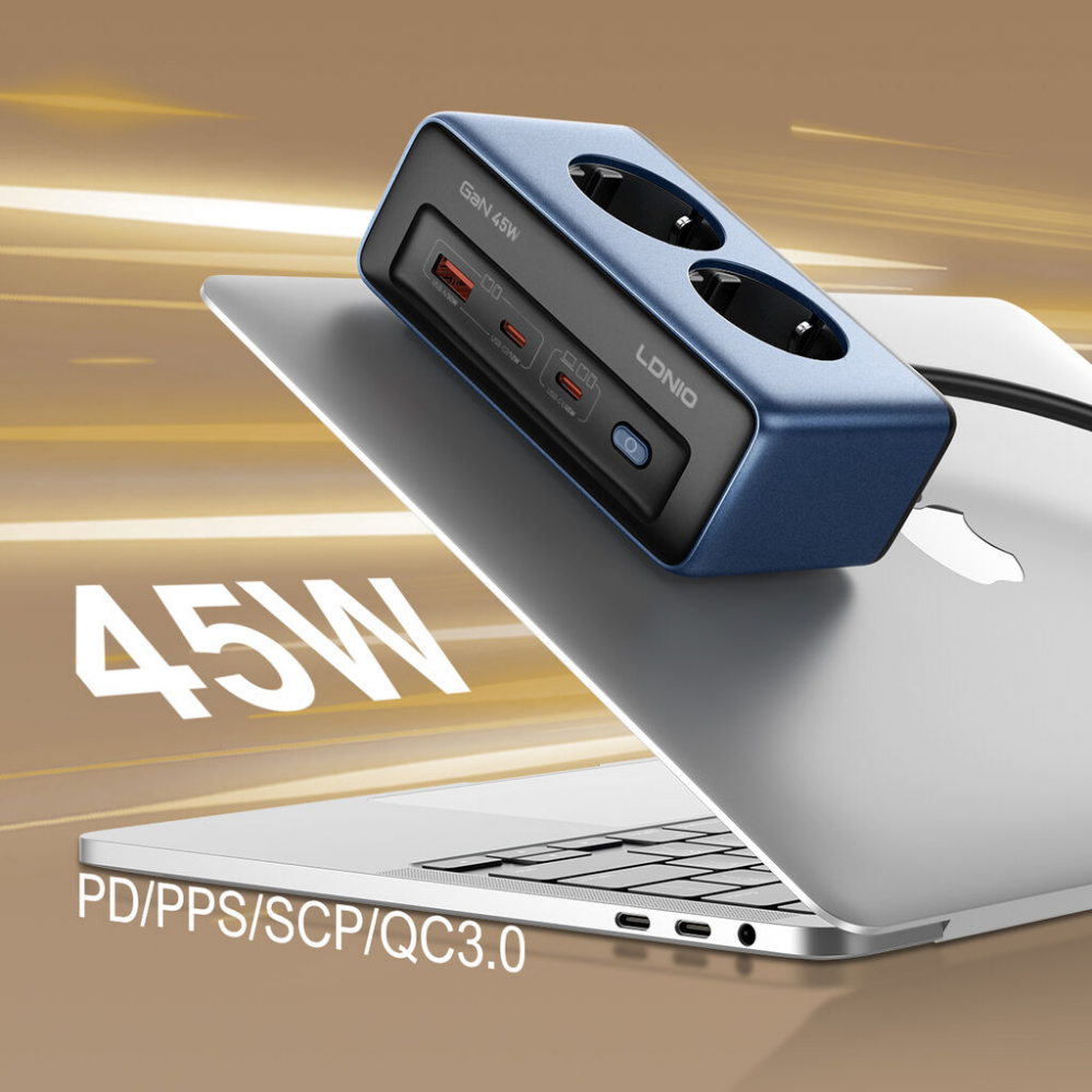 Produzni kabl LDNIO SE3, 2 uticnice, USB, 2xPD, 5u1, GAN, 45W total power