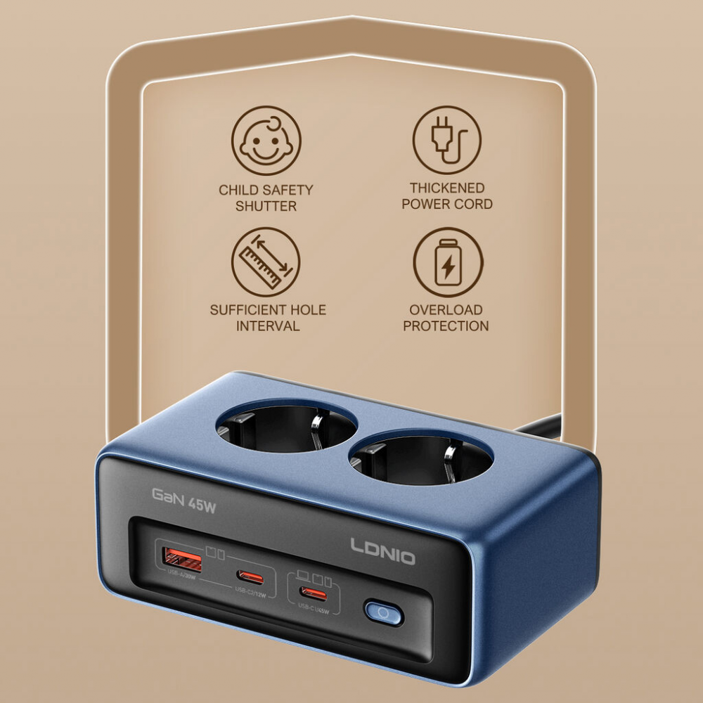 Produzni kabl LDNIO SE3, 2 uticnice, USB, 2xPD, 5u1, GAN, 45W total power