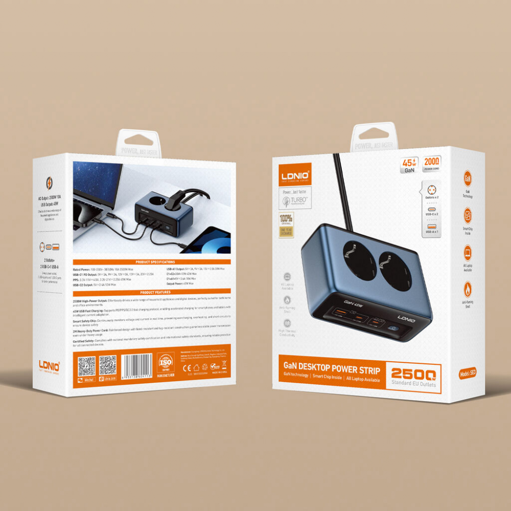 Produzni kabl LDNIO SE3, 2 uticnice, USB, 2xPD, 5u1, GAN, 45W total power
