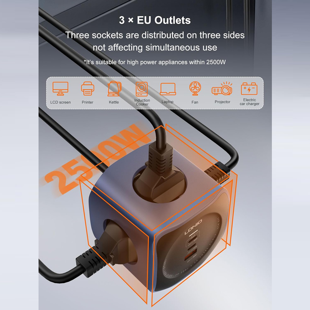 Produzni kabl LDNIO SE3338, 3 uticnice, USB, 2xPD, 6u1, GAN, 65W total power