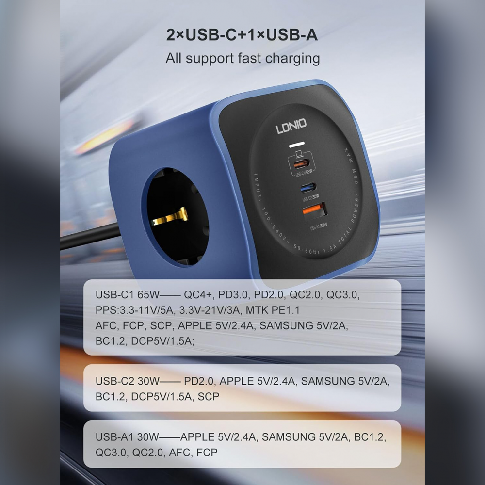 Produzni kabl LDNIO SE3338, 3 uticnice, USB, 2xPD, 6u1, GAN, 65W total power