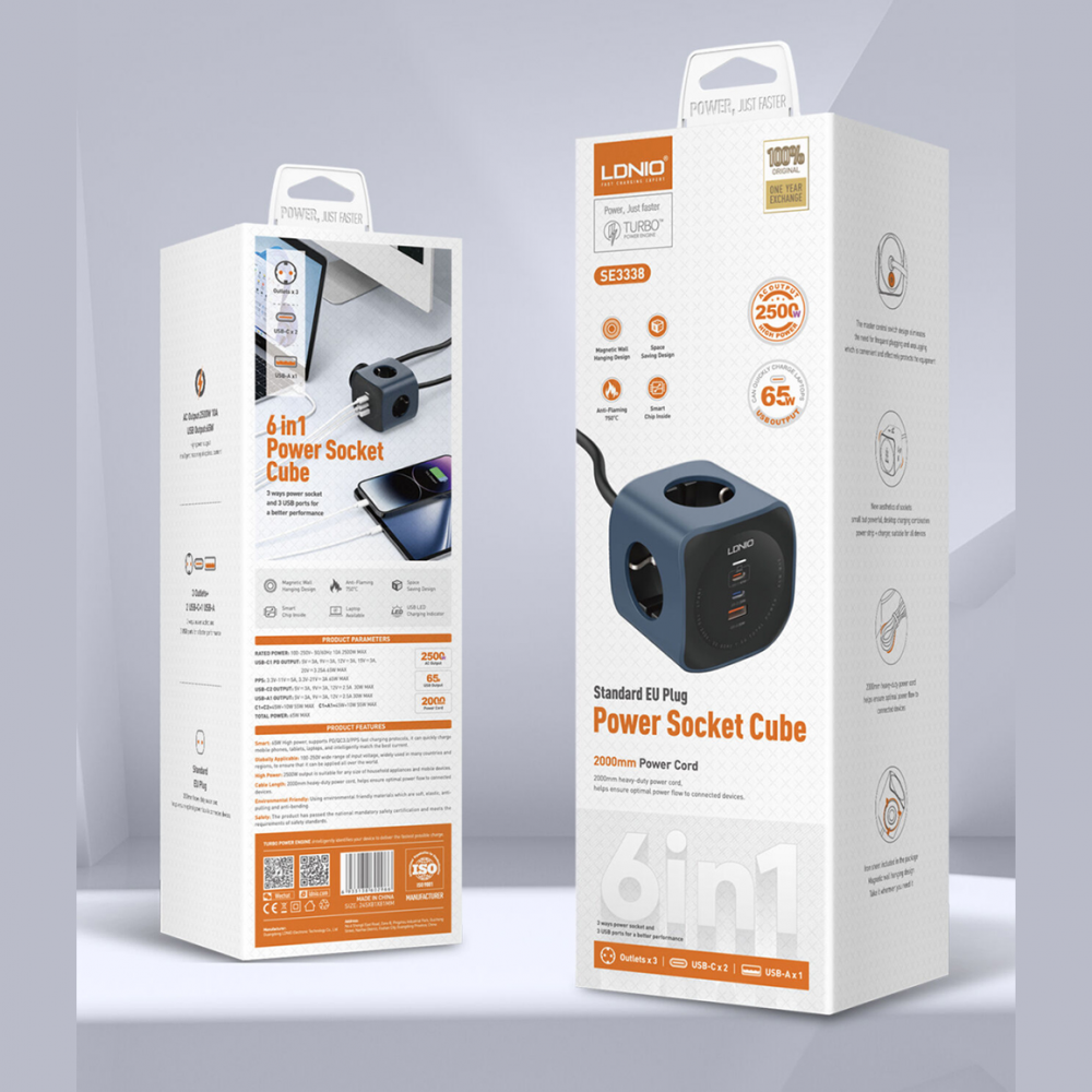 Produzni kabl LDNIO SE3338, 3 uticnice, USB, 2xPD, 6u1, GAN, 65W total power