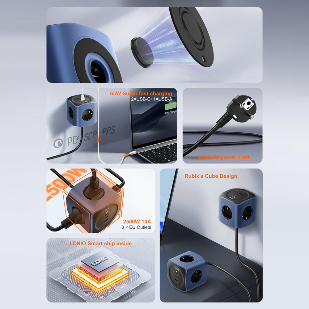 Produzni kabl LDNIO SE3338, 3 uticnice, USB, 2xPD, 6u1, GAN, 65W total power