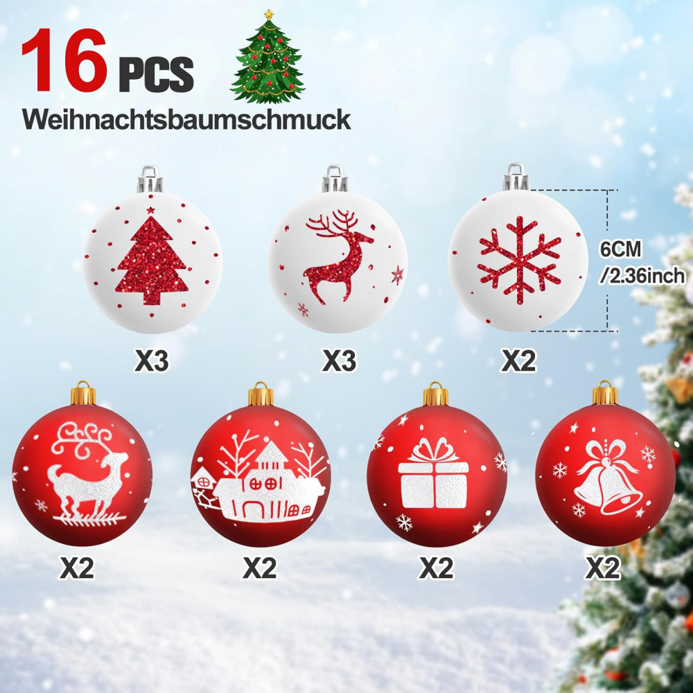 Novogodisnji ukras za jelku set kugli (6cm) EL crveno beli