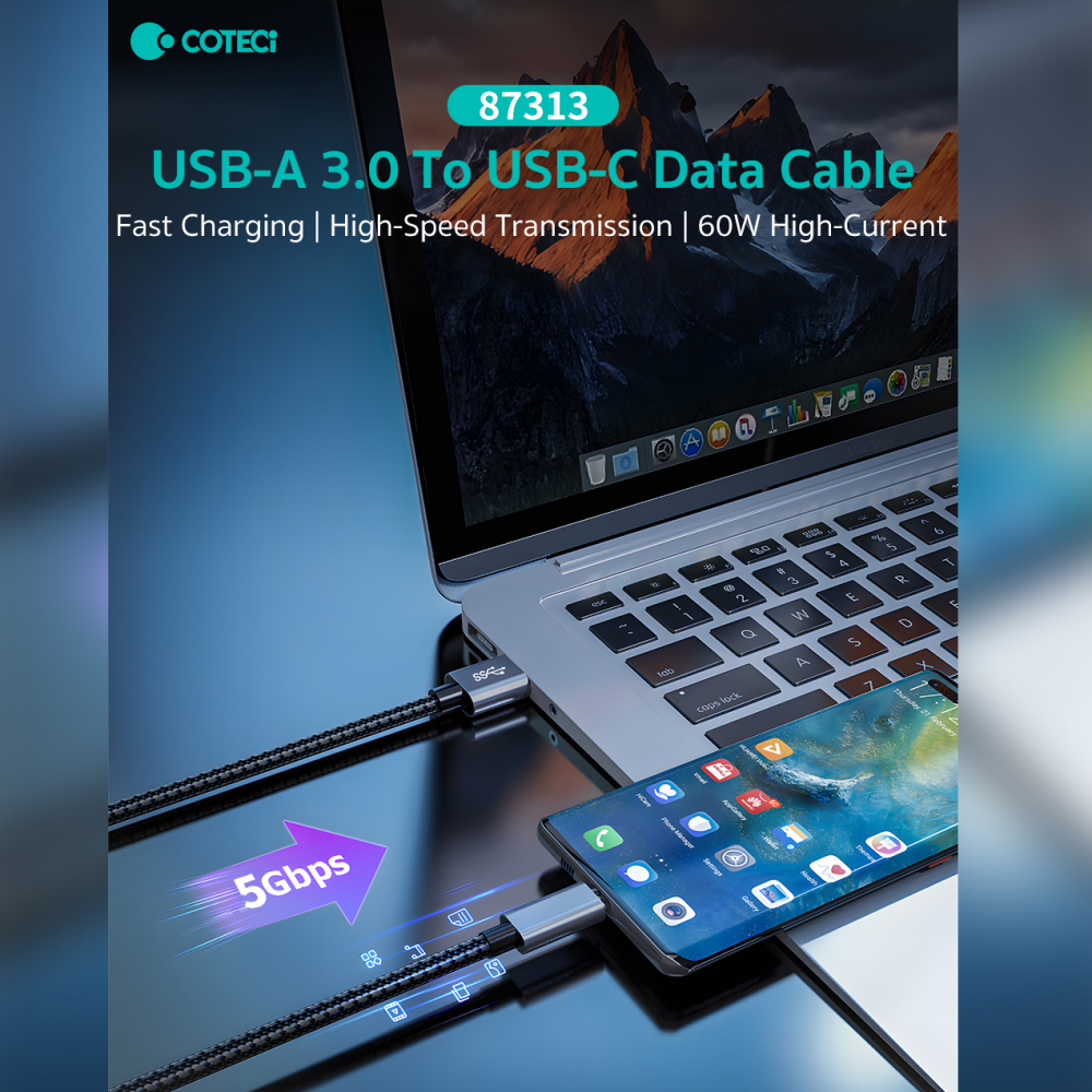 Data kabl Coteci 87313 60W 10 Gbps USB 3.0 na Type C crni 1m