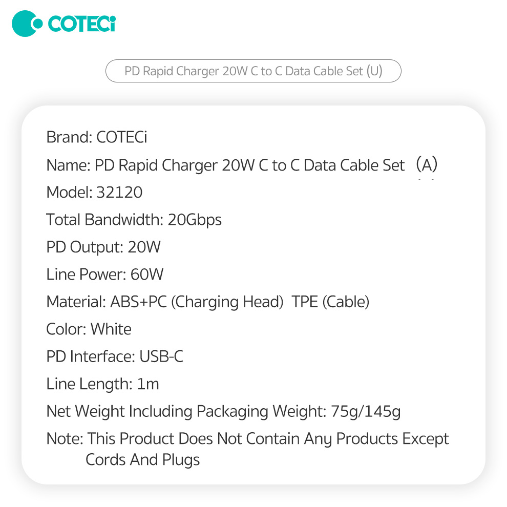 Kucni punjac Coteci 32120 20W sa PD na Type C kablom beli