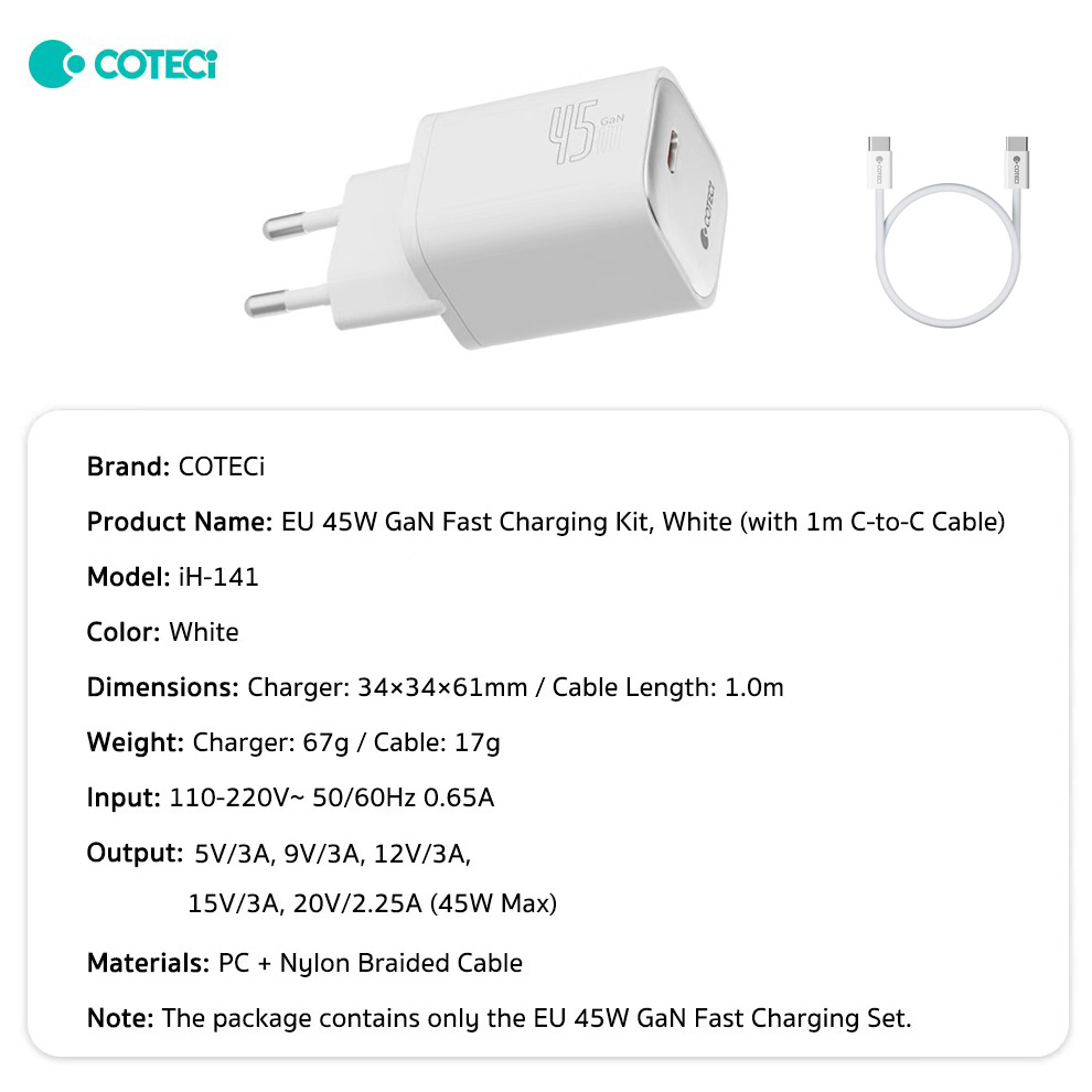 Kucni punjac Coteci iH-141 45W GaN sa PD na Type C kablom beli