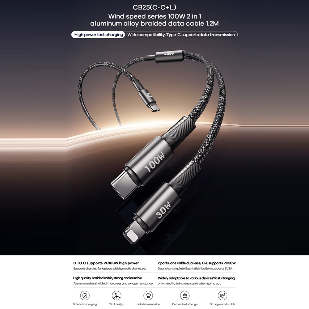 Data kabl REMAX Wind speed CB25 100W 2u1 Type C na Type C/Lightning 1.2m