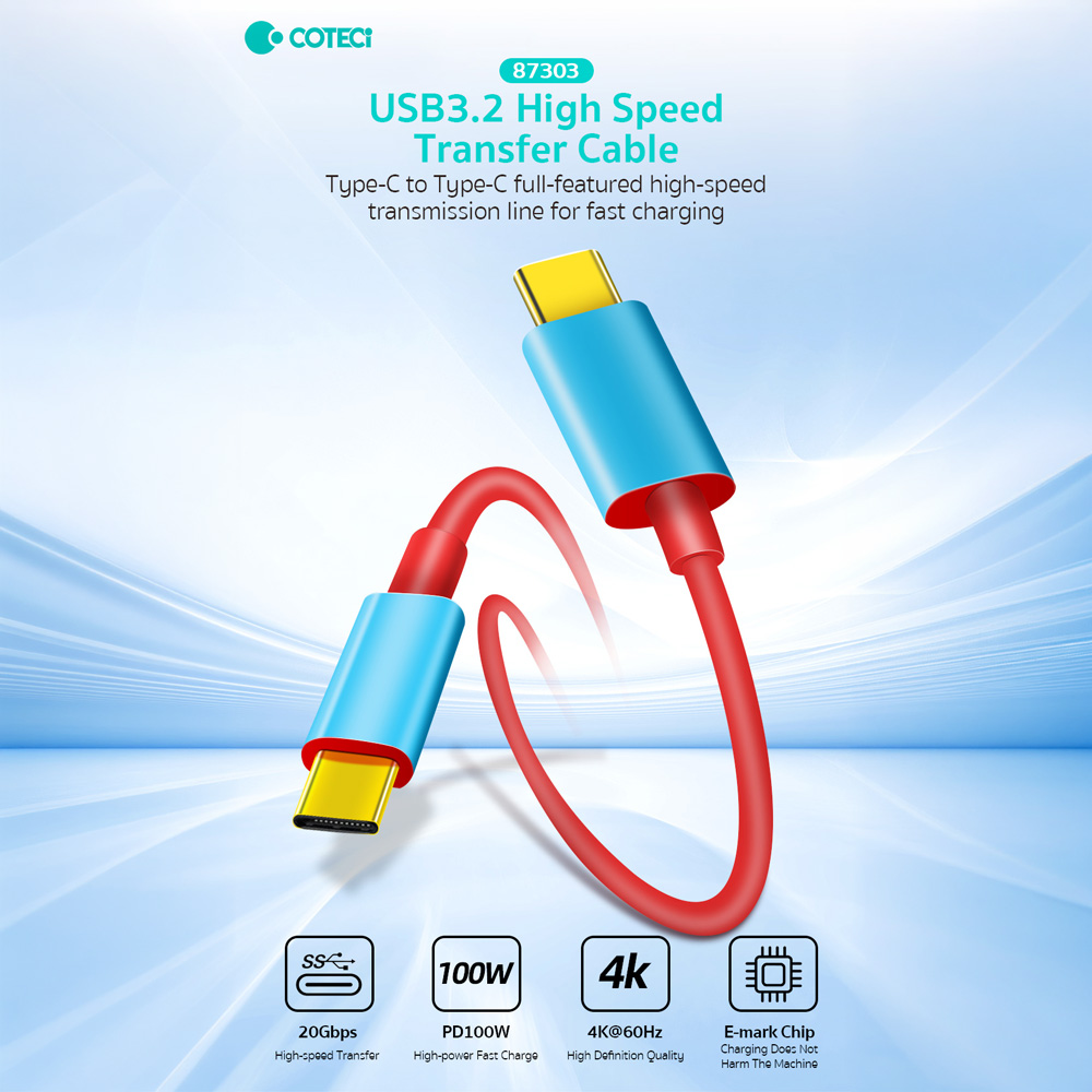 Data kabl Coteci Thunderbolt 87303 100W 4K 20Gbps PD na Type C crveni 1m