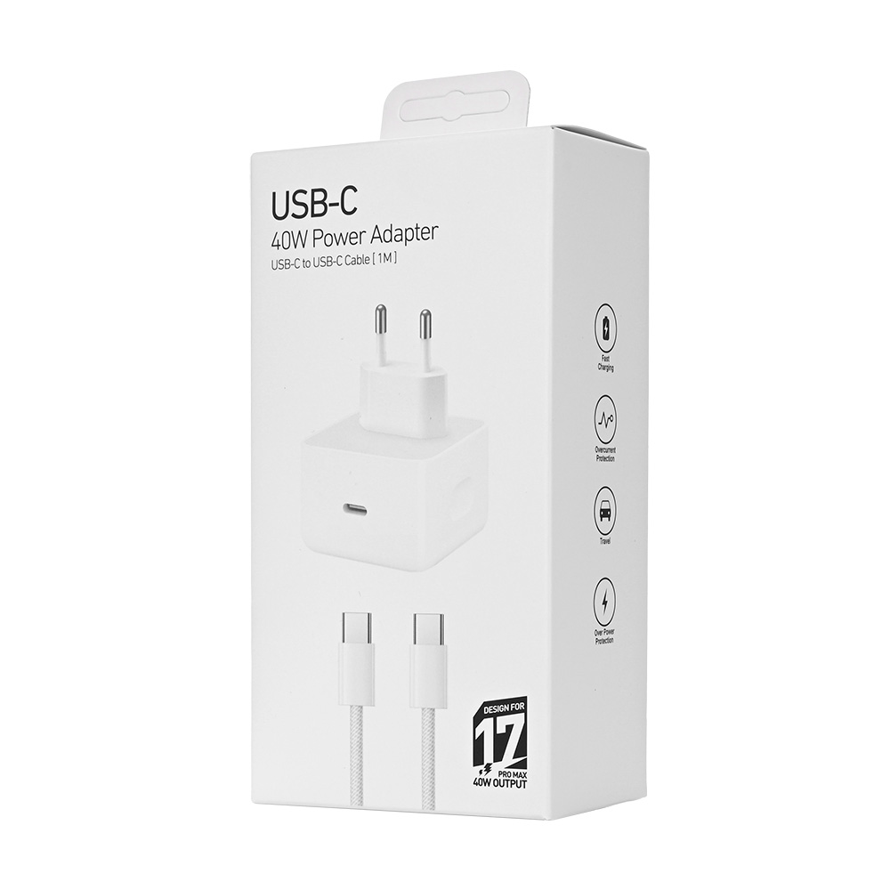 Kucni punjac PD Fast charger 40W za iPhone 17 sa PD Type C kablom CE beli