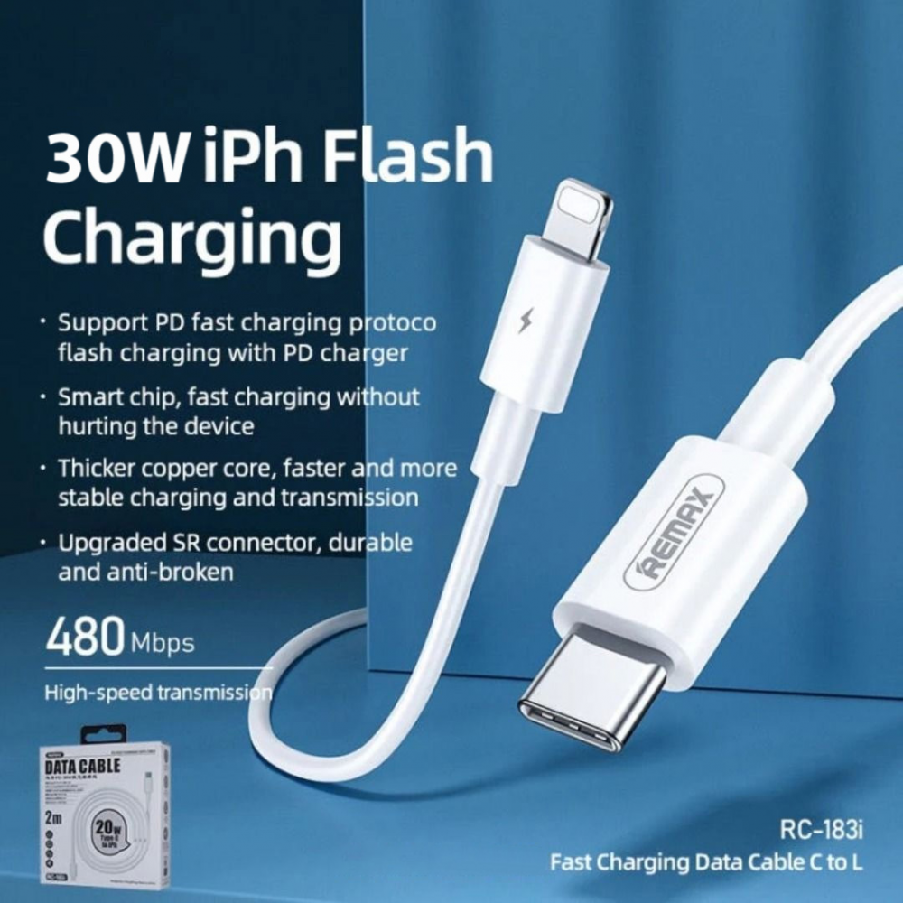 Data kabl REMAX RC-183i PD 30W Type C na iPhone lightning 2m beli