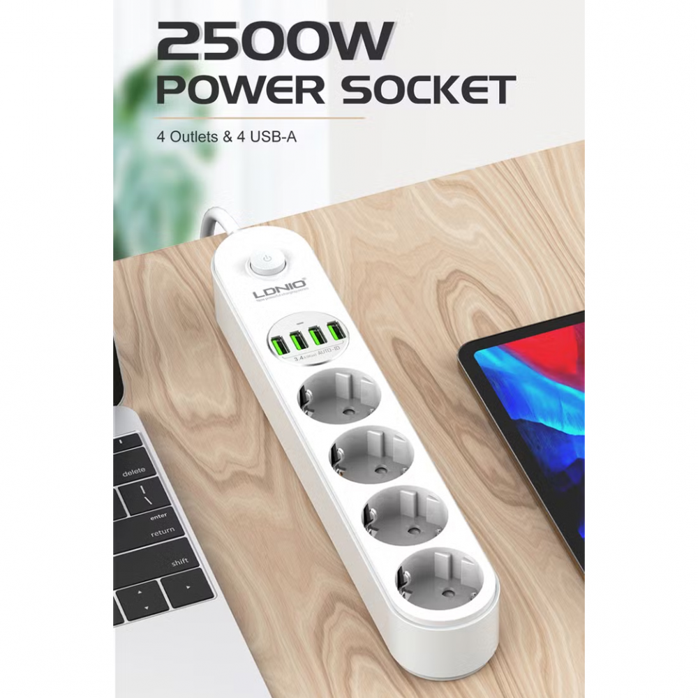 Produzni kabl LDNIO SE1-C 2500W EU, 4 uticnice 2xUSB 12W, 2xPD 20W beli 2m