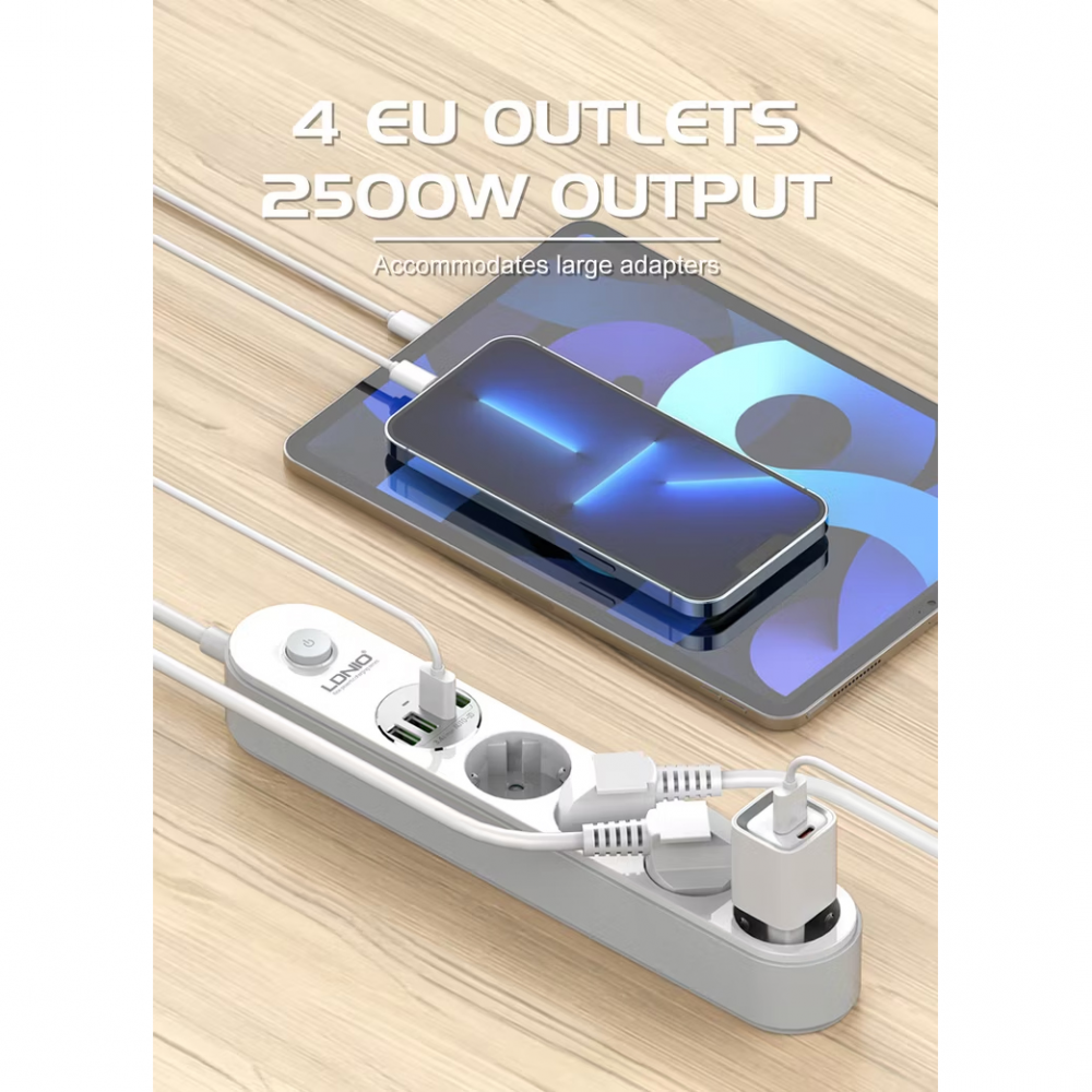 Produzni kabl LDNIO SE1-C 2500W EU, 4 uticnice 2xUSB 12W, 2xPD 20W beli 2m