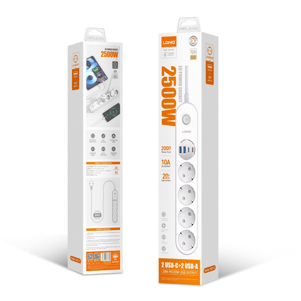 Produzni kabl LDNIO SE1-C 2500W EU, 4 uticnice 2xUSB 12W, 2xPD 20W beli 2m