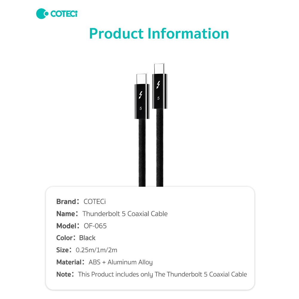Data kabl Coteci Thunderbolt OF-065 120Gbps 240W 4k PD Type C na Type C crni 0.25m