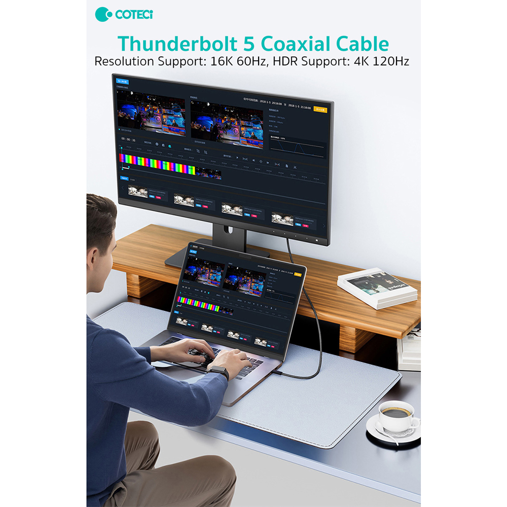 Data kabl Coteci Thunderbolt OF-065 120Gbps 240W 4k PD Type C na Type C crni 1.5m