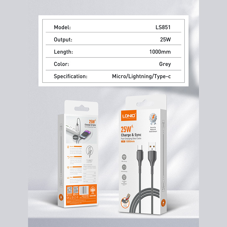 Data kabl LDNIO LS851 25W Fast Type C sivi 1m