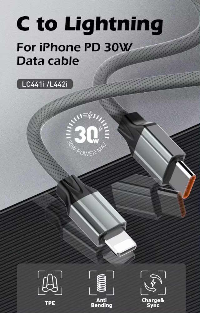 Data kabl LDNIO LC441I 30w, Type C na iPhone lightning sivi 1m