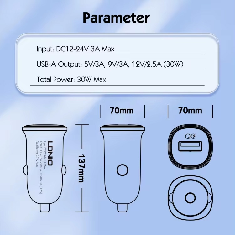Auto punjac LDNIO C105, QC3.0, 30W USB Type C crni