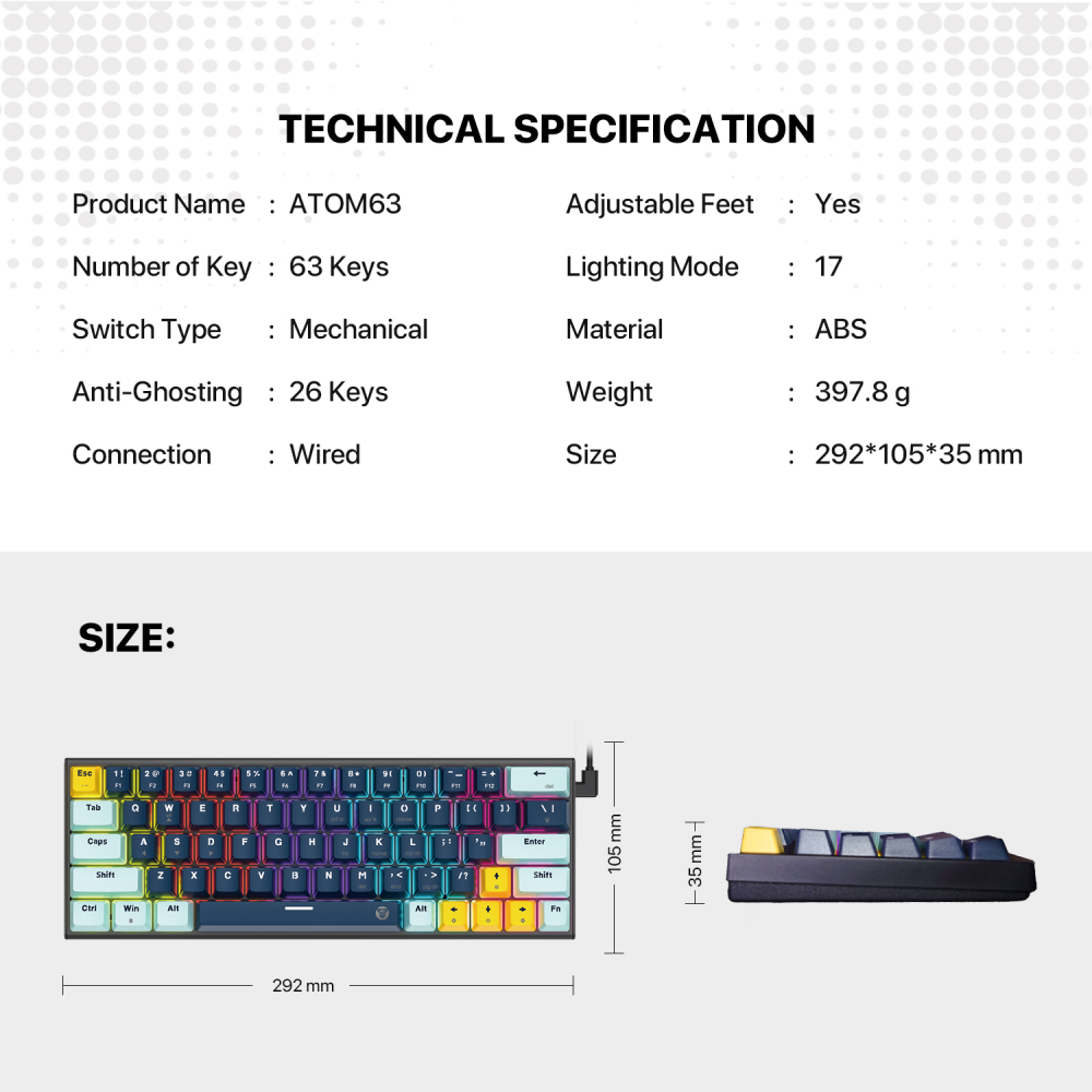 Tastatura Mehanicka Gaming Fantech MK874 RGB Atom 63 SkyBlue (Blue switch)