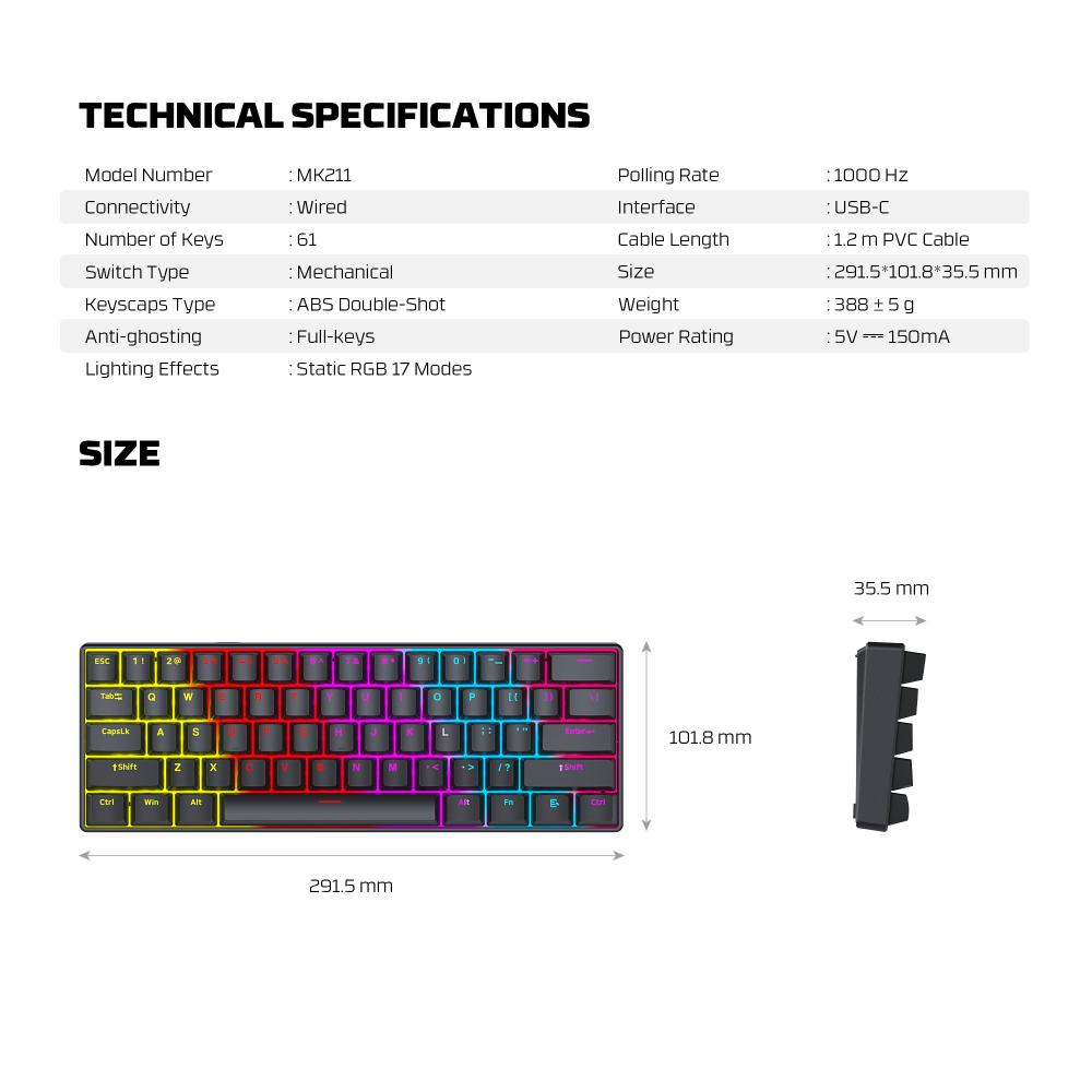 Tastatura Mehanicka Gaming Fantech MK211 RGB Atom61 crna (red switch)