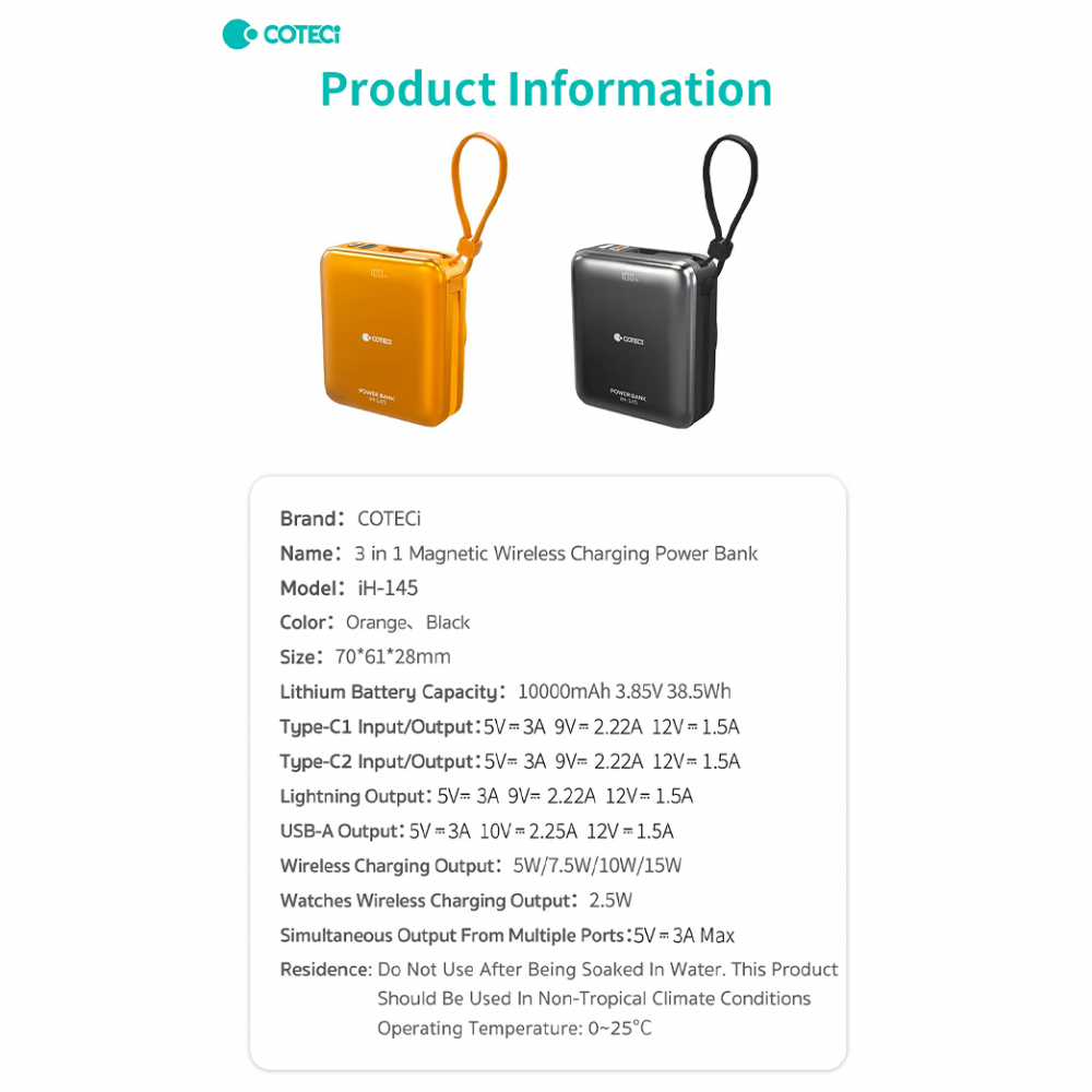 Power bank prenosiva baterija magnetic Coteci iH-145 3u1 narandzasta