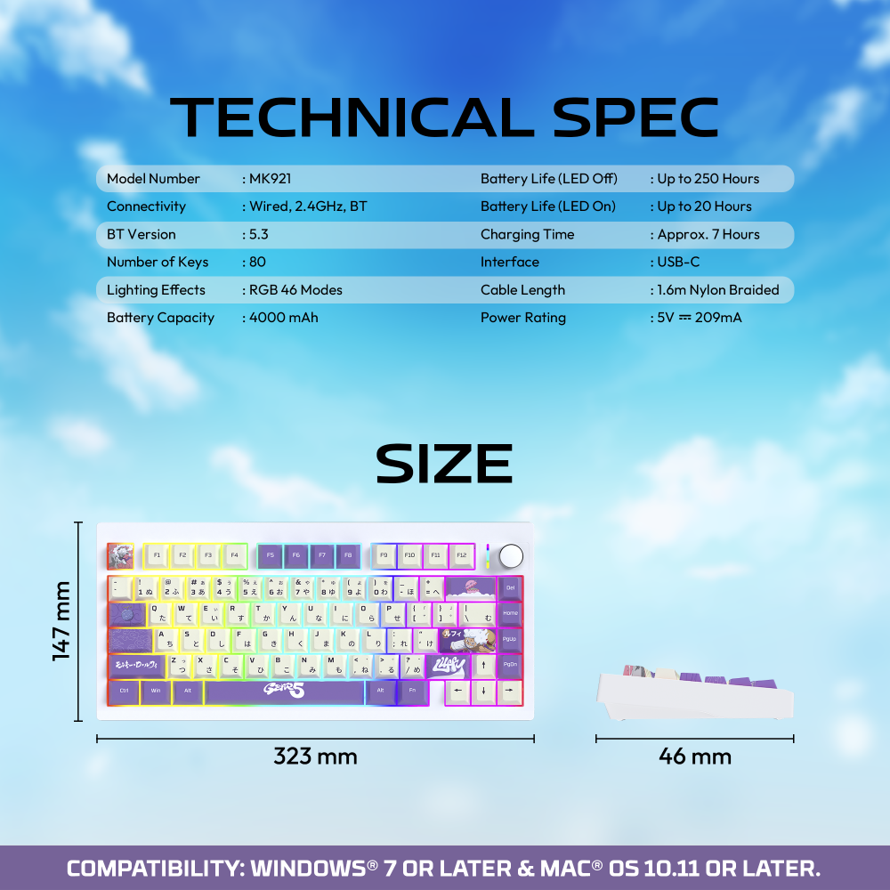 Tastatura Mehanicka Gaming Fantech MK921 Maxfit 8 Wireless ONE PIECE - GEAR5 (white switch)