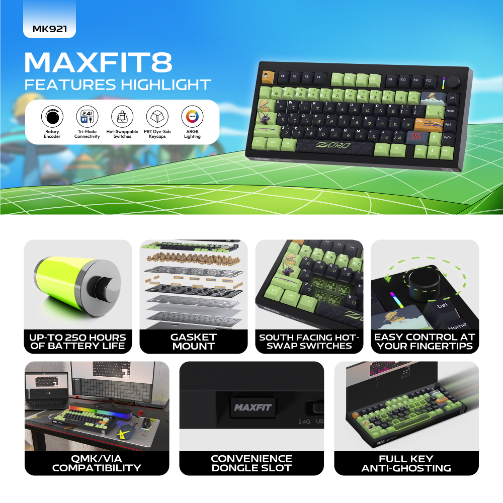 Tastatura Mehanicka Gaming Fantech MK921 Maxfit 8 Wireless ONE PIECE - ZORO (white switch)