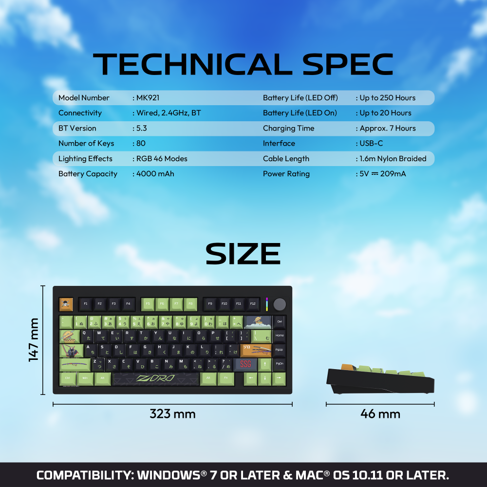 Tastatura Mehanicka Gaming Fantech MK921 Maxfit 8 Wireless ONE PIECE - ZORO (white switch)