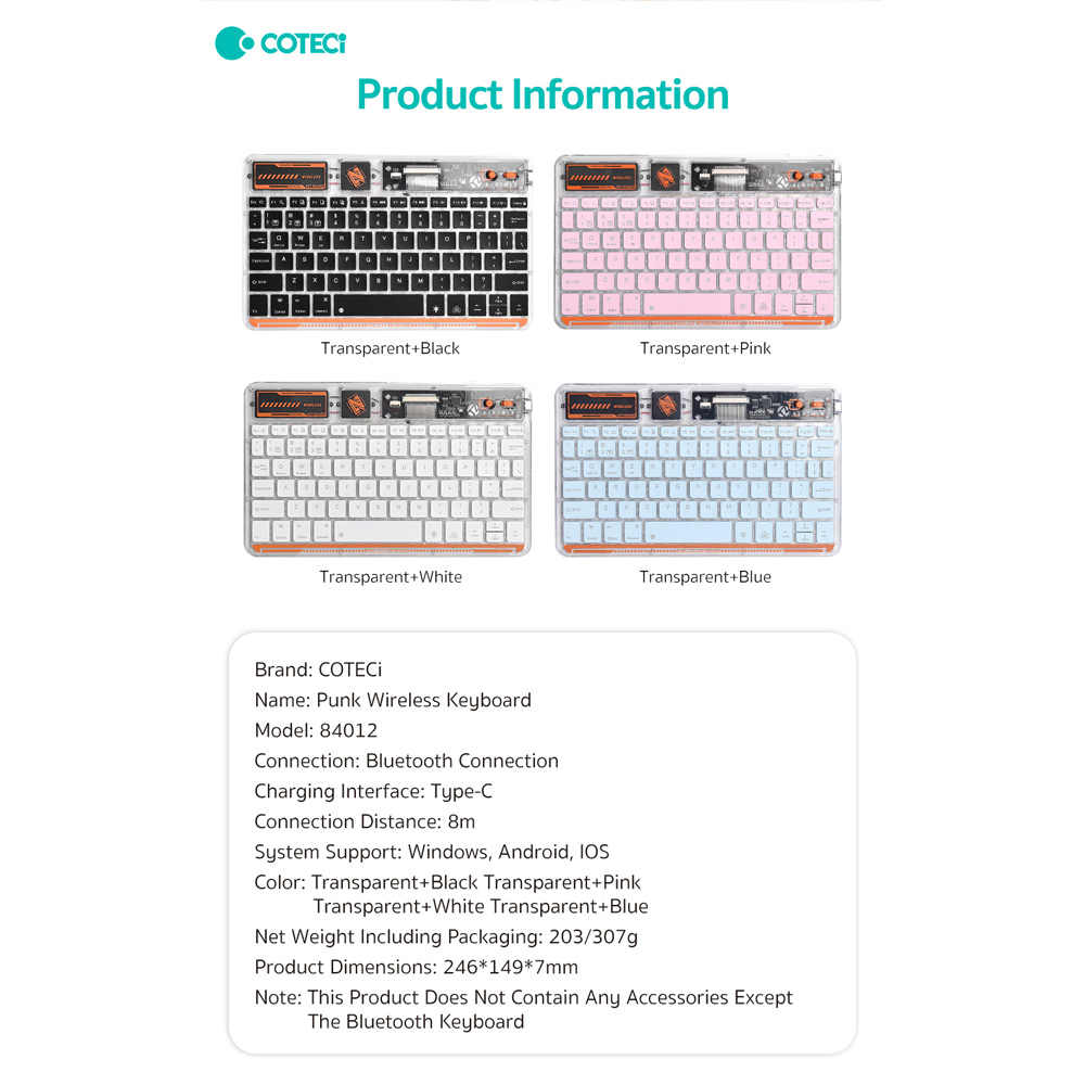 Tastatura Coteci Punk 84012 Wireless transparent plava
