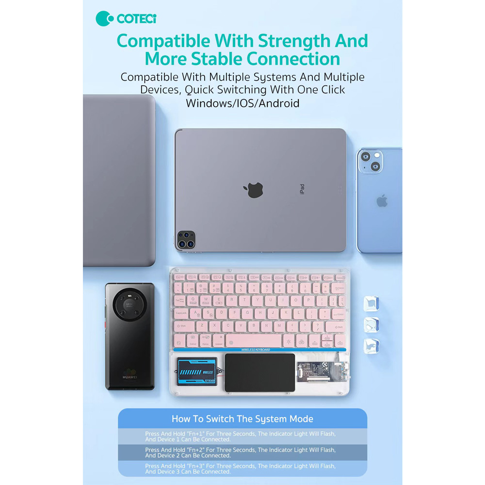 Tastatura Coteci Punk 84013 Wireless touchpad transparent plava