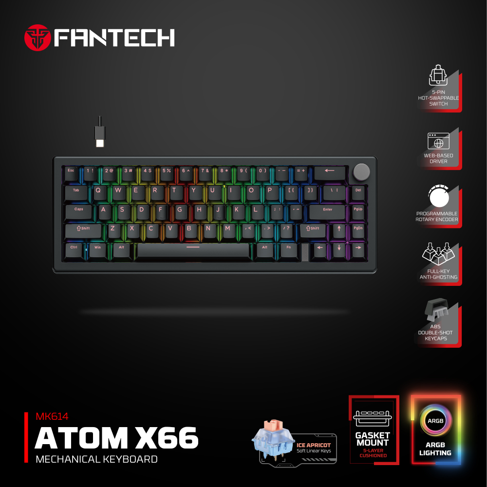 Tastatura Mehanicka Gaming Fantech MK614 Atom x66 Retro crna (ice apricot switch)