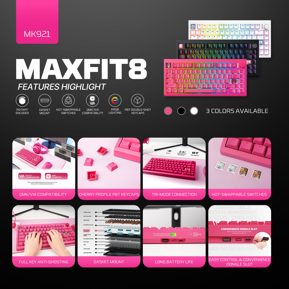 Tastatura Mehanicka Gaming Fantech MK921 Maxfit 8 Wireless pink (brown switch)