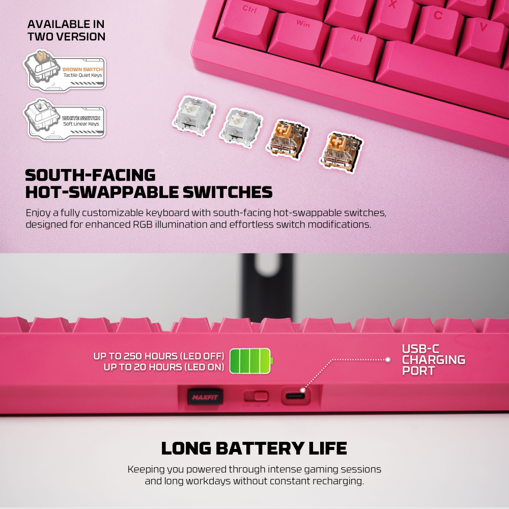 Tastatura Mehanicka Gaming Fantech MK921 Maxfit 8 Wireless pink (brown switch)